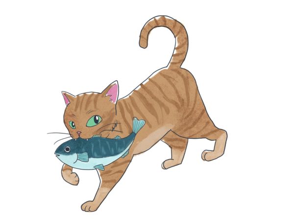 魚をくわえた猫のイラスト